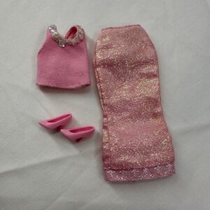 VTG Handmade Barbie Doll Outfit‎ Pink Sparkle Outfit Top Skirt Shoes Clothes